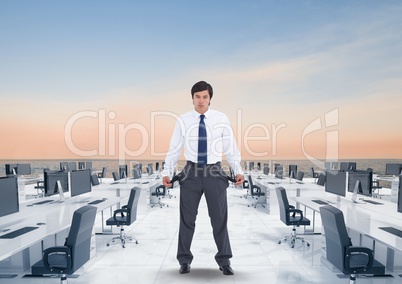 Digital image of businessman showing empty pockets while standing in office surrounded with sea agai