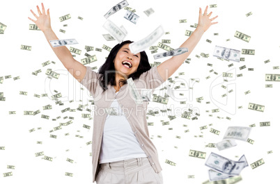 Casual woman with falling money