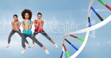 aerobic women with colors dna chain. Blue background