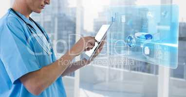 Doctor holding phone with interface by city windows