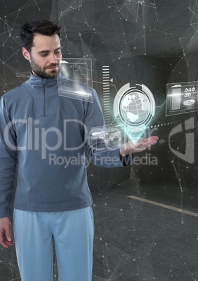Man in a futuristic room with world interface