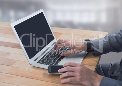 Businessman on laptop by windows