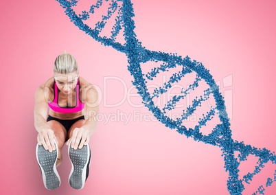 woman doing streching with blue dna chain and pink back.