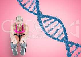woman doing streching with blue dna chain and pink back.