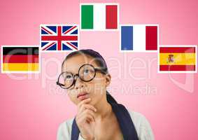 main language flags around girl. Pink background