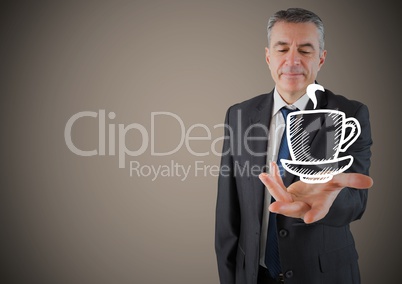 Business man hand out with white coffee against brown background