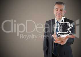 Business man hand out with white coffee against brown background