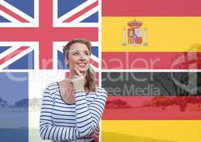 main language flags overlap with field behind young woman imagining