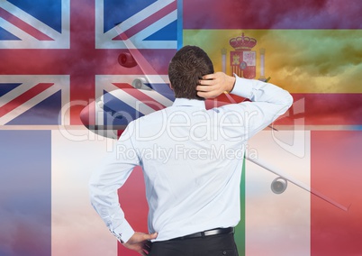 main language flags around man thinking. plane background