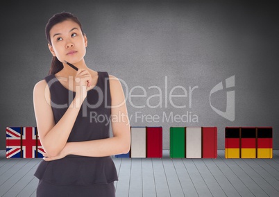 suitcase with main language flags behind young woman thinking