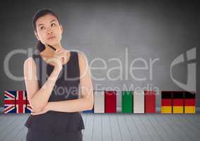 suitcase with main language flags behind young woman thinking