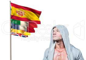 main language flags near man with jumper