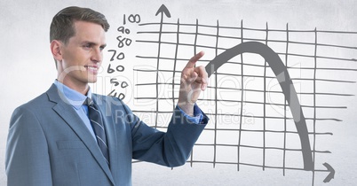 Business man pointing against grey graph and white background