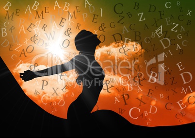 woman silhouette  with text in the sky. Sunny day in the mountain.