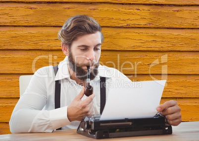 hipster with in the desk with yellow  wood background