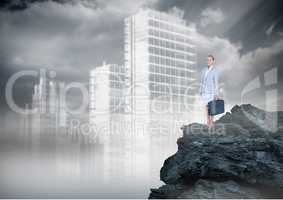 Businesswoman standing on 3D black  stone in town