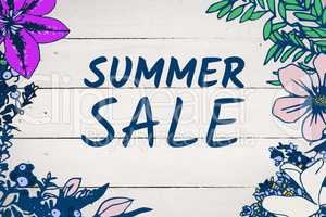 Blue summer sale text and floral frame against white wood panel