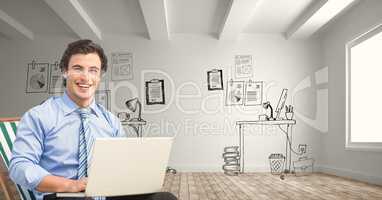 Portrait of smiling businessman using laptop against office drawing