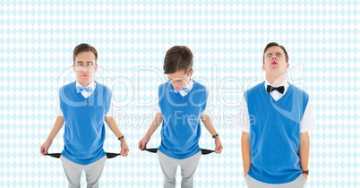 sad young men with bow tie and suit coat with empty pockets collection. Blue rhombus background
