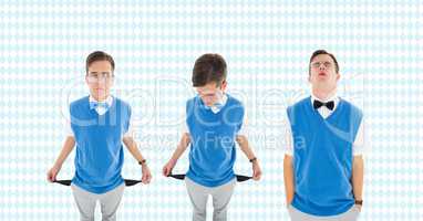 sad young men with bow tie and suit coat with empty pockets collection. Blue rhombus background