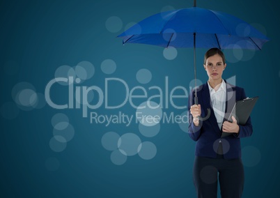 Business woman with umbrella and clipboard against blue background and bokeh