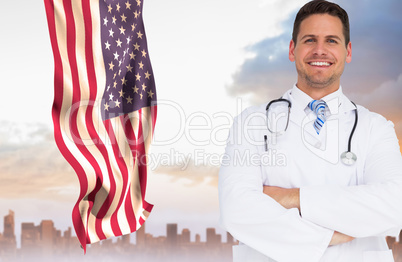 Doctor against american flag