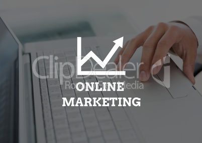 Online marketing text against hand on laptop