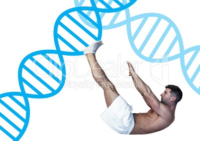men doing stretching with blue dna chain and white back