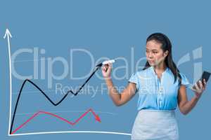 Businesswoman drawing graphics on the screen against blue background