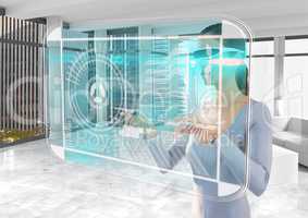 futuristic room interface with futuristic woman