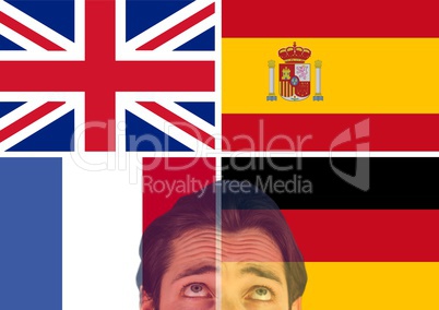 main language flags and foreground of man looking up, overlap