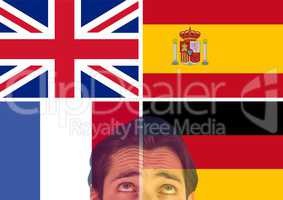 main language flags and foreground of man looking up, overlap