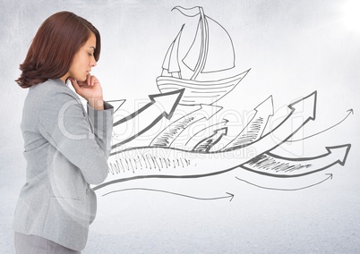 Business woman thinking against boat doodle and white background with flare