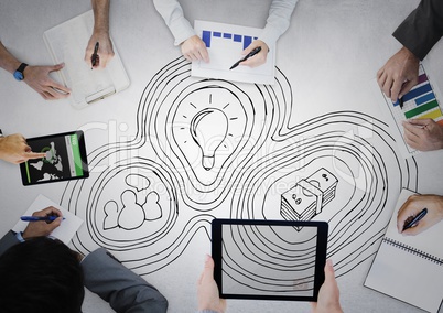 Overhead of people writing with white business doodle against white background Overhead of people writing with white business doodle against white background