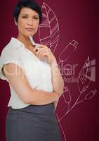 Business woman thinking against maroon background with white leaf graphic