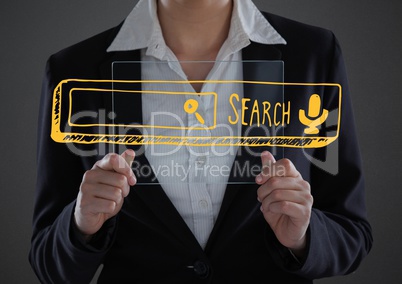 Business woman mid section with glass device behind yellow search bar against grey background