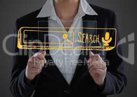 Business woman mid section with glass device behind yellow search bar against grey background