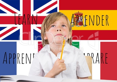 main language flags with words around boy thinking