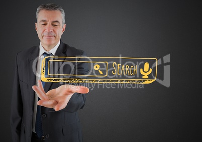 Business man hand out with yellow search bar against grey background