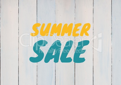 Yellow and blue summer sale text against white wood panel