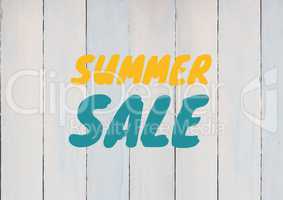 Yellow and blue summer sale text against white wood panel
