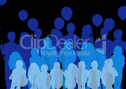 Happy birthday surprise silhouettes in range of blues with black background