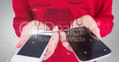 Digital composite image of woman hands holding smart phone with home symbol and connecting dots