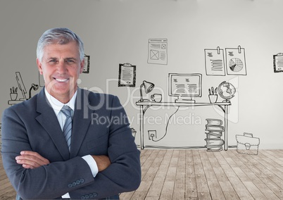 Portrait of confident businessman standing on hardwood floor against office drawings