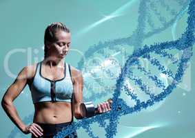woman with weights with blue  dna chains