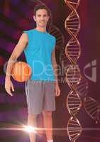 Basketball man  with red dna chain, lights background