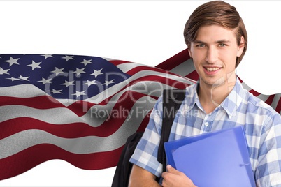 students carrying bag and holding folder against american flag background