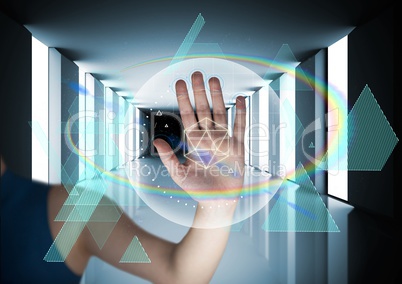 futuristic room interface, woman hand