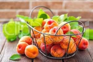 Fresh apricots with leaves in basket on wooden table