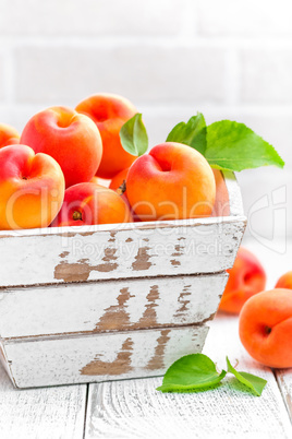 Fresh apricots with leaves on white wooden background